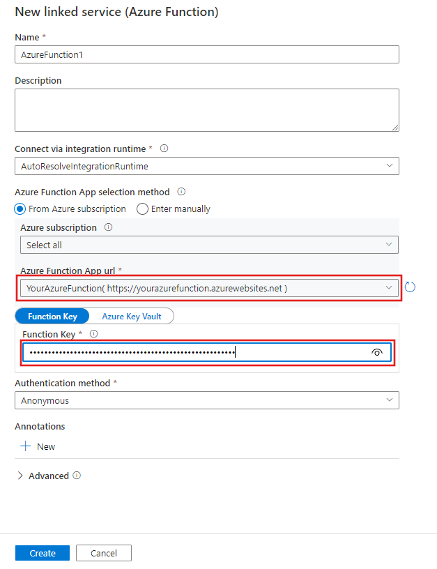 data ingestion azure data factory: azure function activity with UI step 4